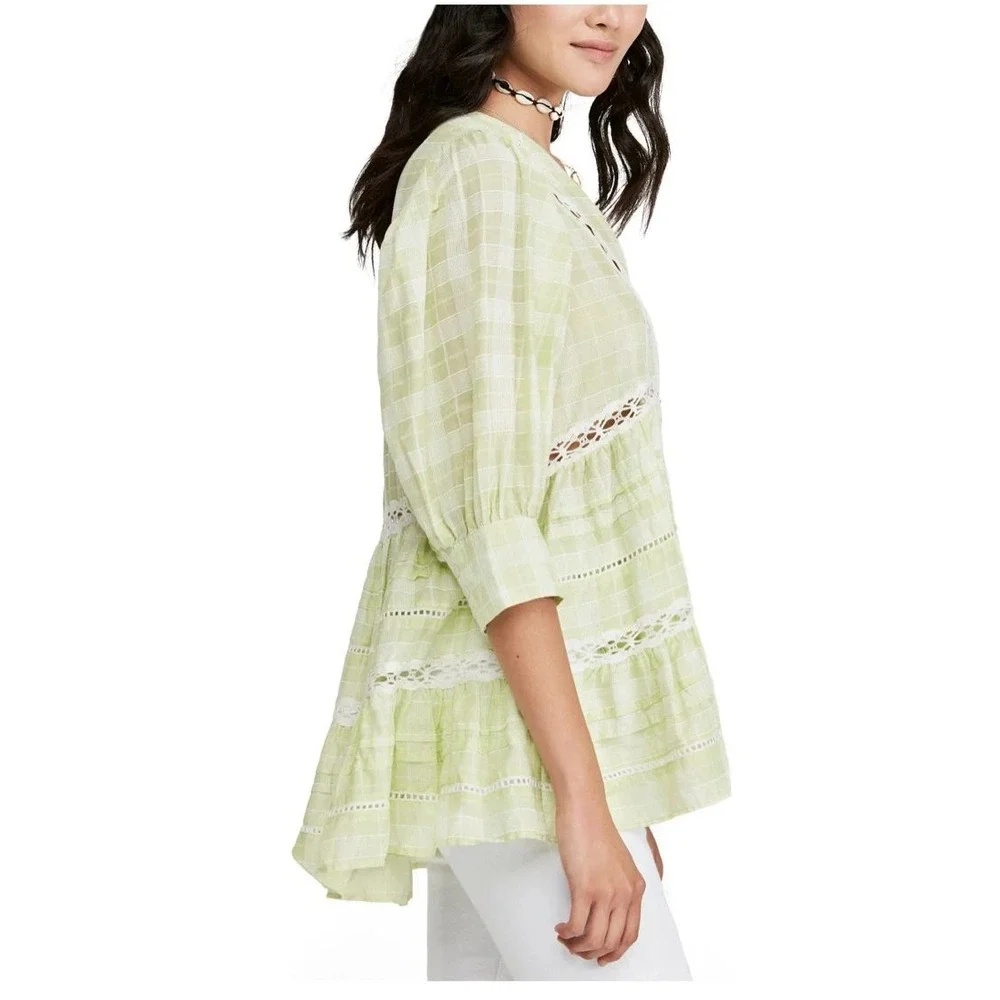 Free People Lime Green Time Out Plaid Crochet Lace‎ Babydoll Tunic Top Small